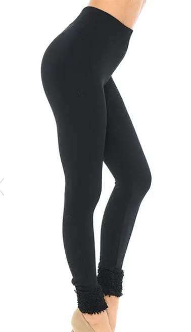 Black Poly Fur Hem Cuffed Fleeced Lined Leggings