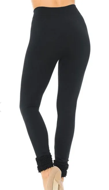 Black Poly Fur Hem Cuffed Fleeced Lined Leggings