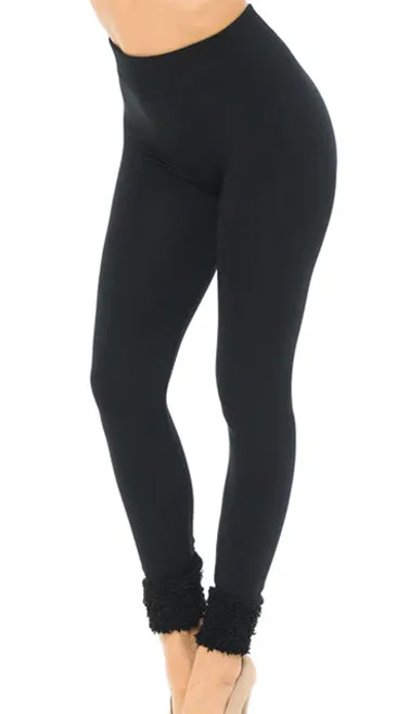 Black Poly Fur Hem Cuffed Fleeced Lined Leggings