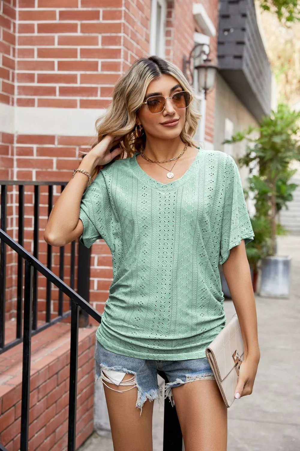 Blithesome Short Sleeve V Neck Eyelet Blouse