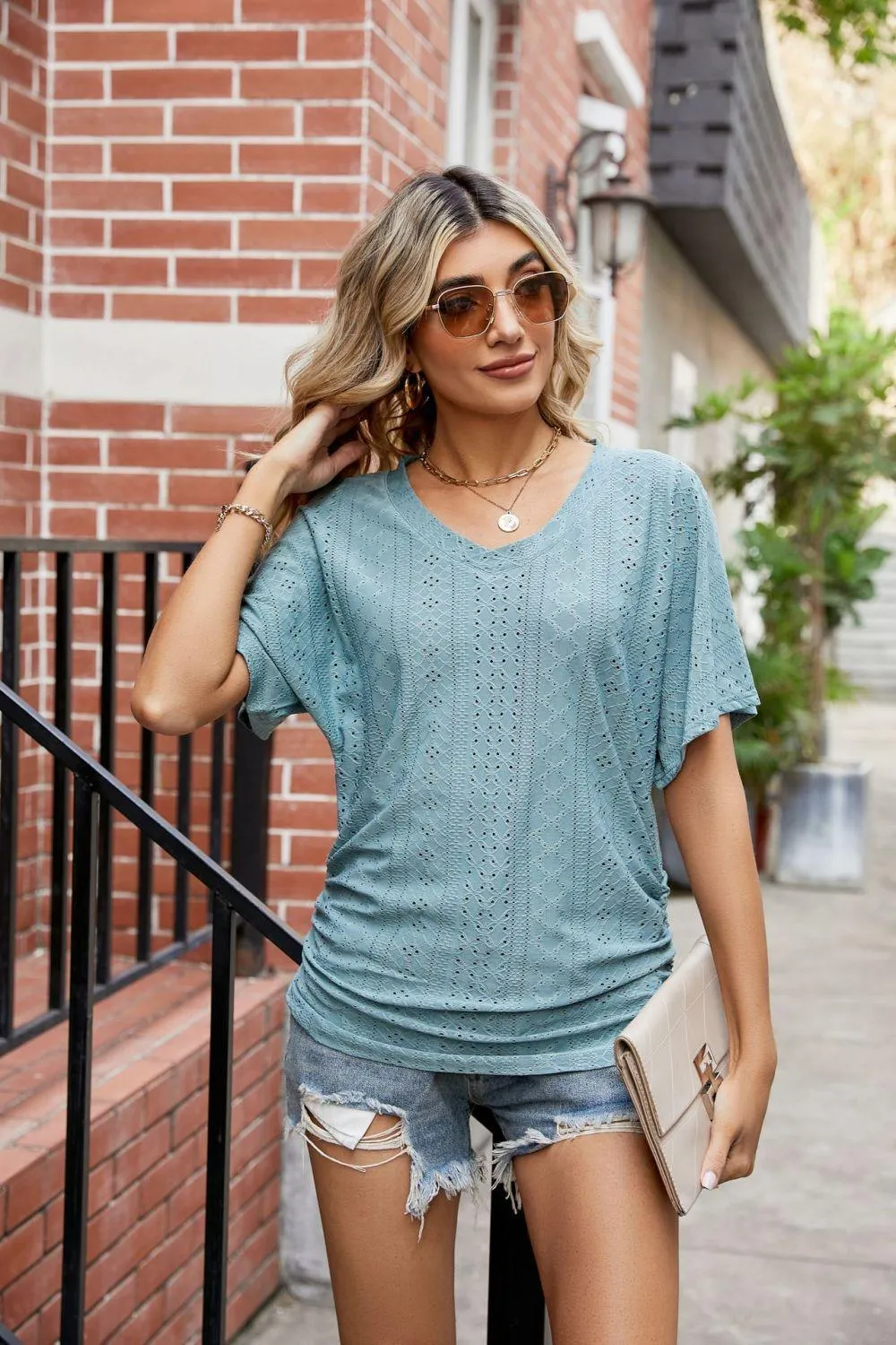 Blithesome Short Sleeve V Neck Eyelet Blouse