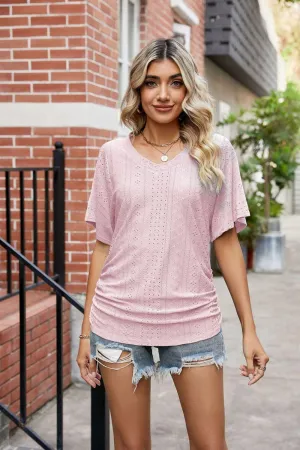 Blithesome Short Sleeve V Neck Eyelet Blouse