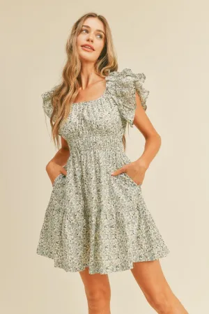 Blue Floral Scoop Neck Flutter Sleeve Dress