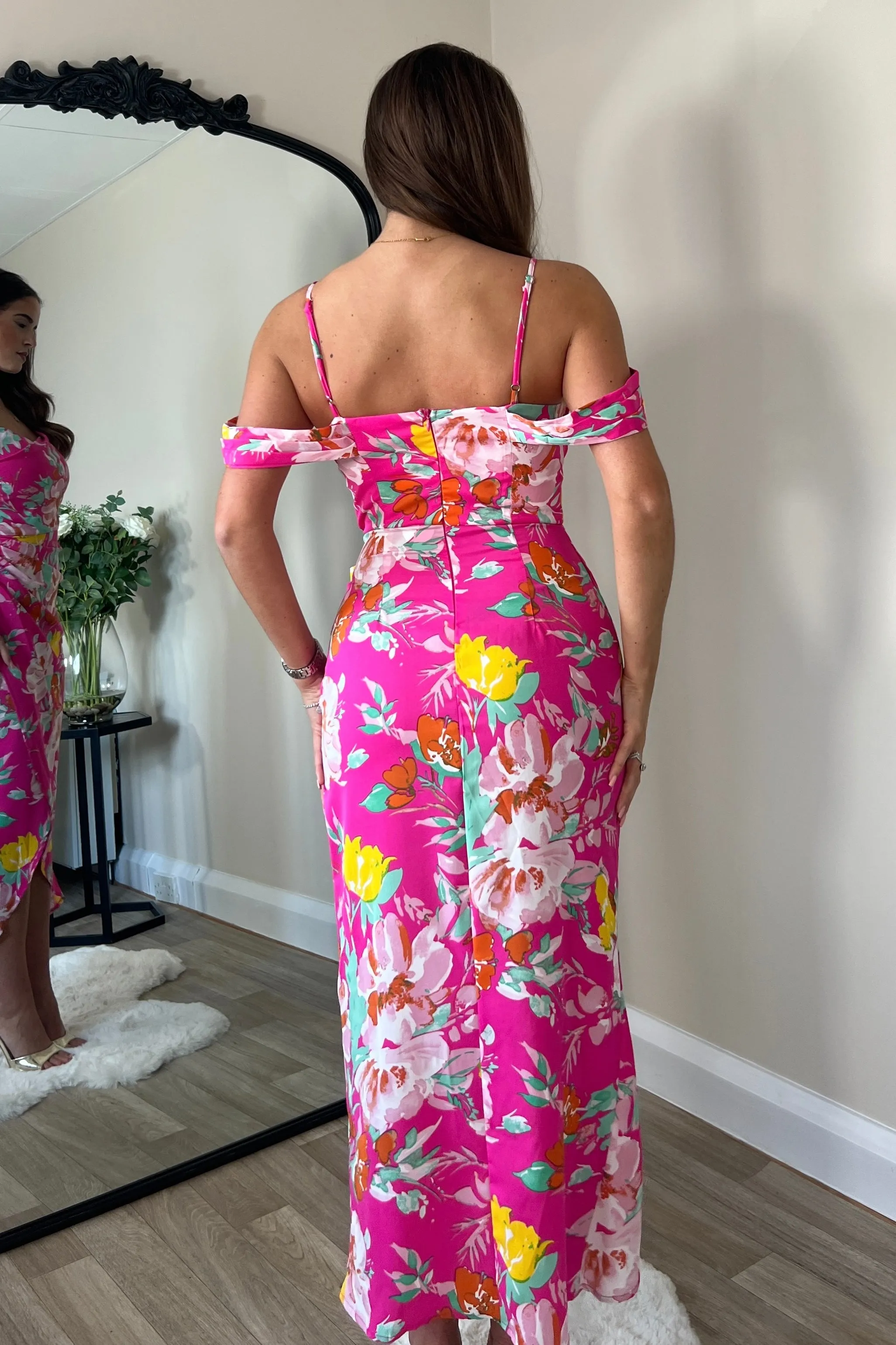 Camila Pink Floral Wrap Over Midi Dress