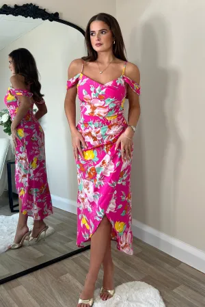 Camila Pink Floral Wrap Over Midi Dress