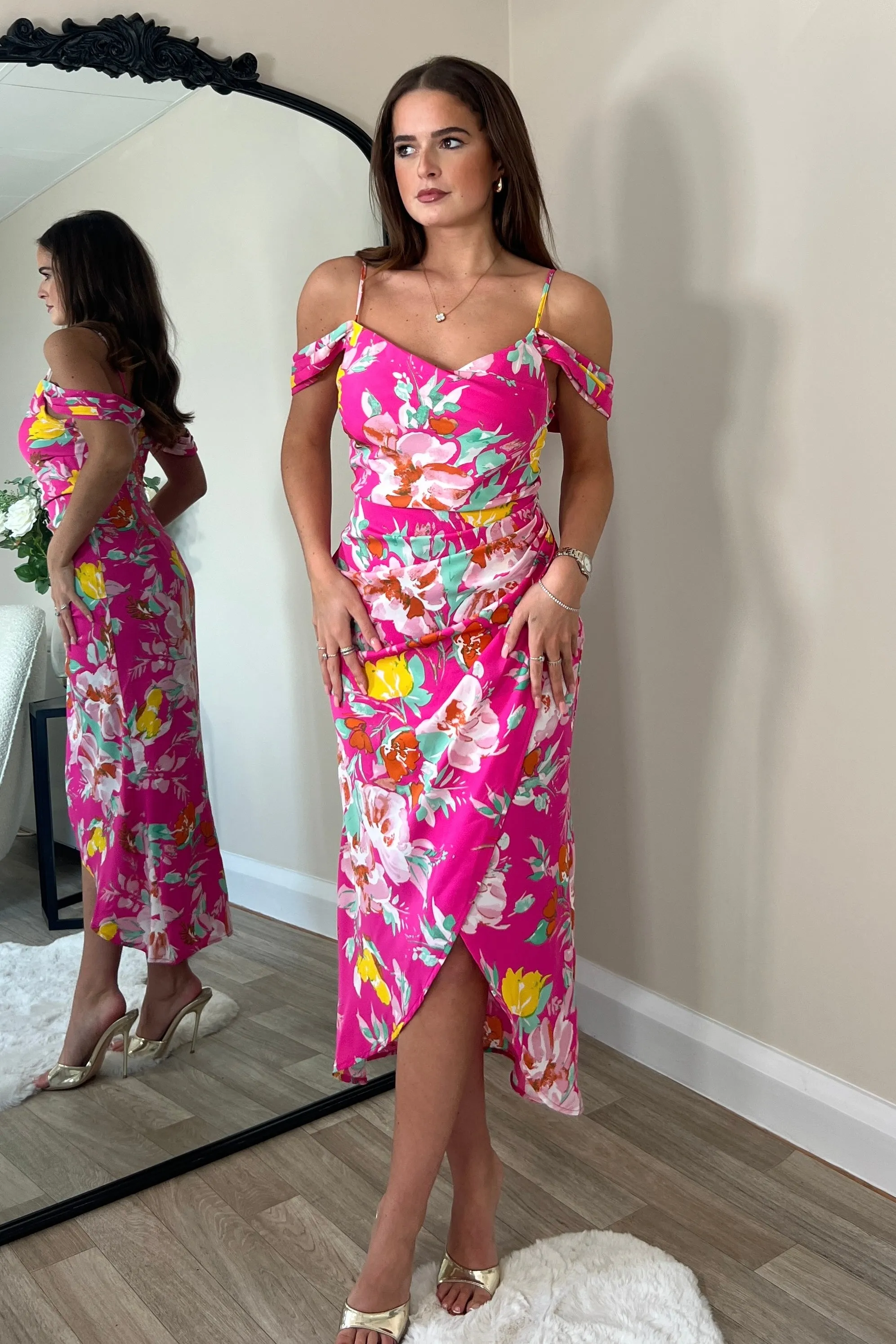 Camila Pink Floral Wrap Over Midi Dress