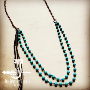Double Strand Blue Turquoise Beaded Necklace, Leather Tassel 252d