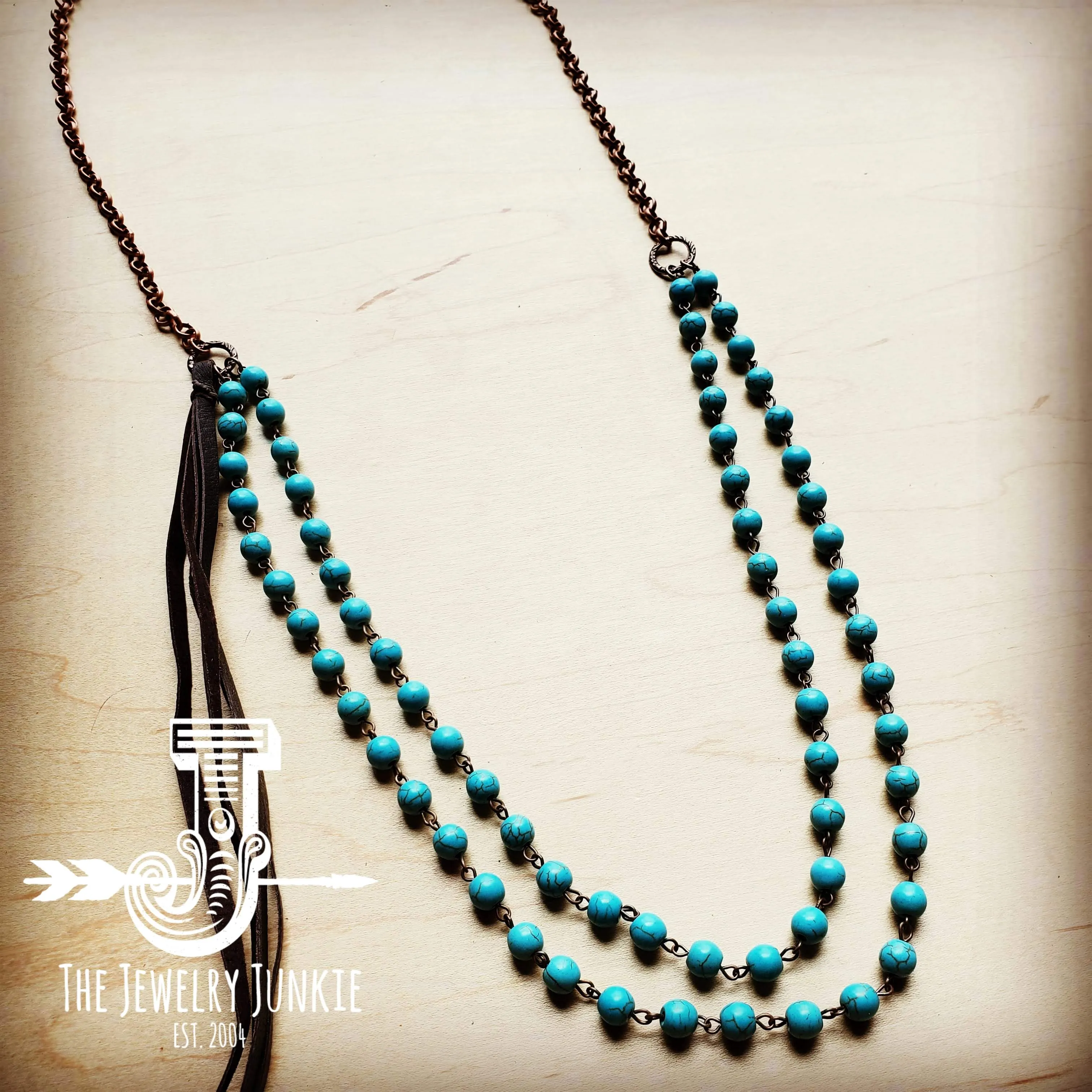 Double Strand Blue Turquoise Beaded Necklace, Leather Tassel 252d