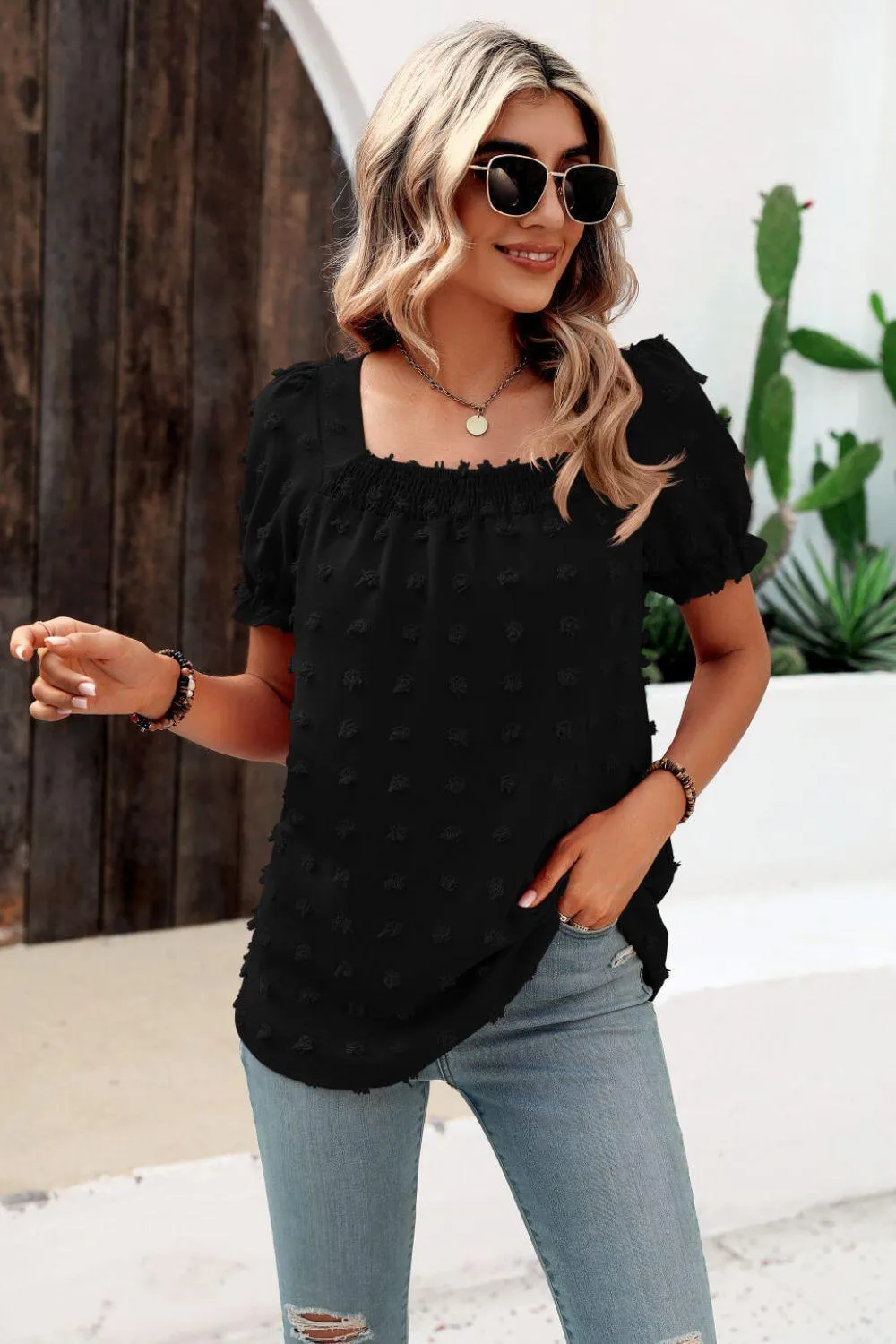 Find Your Wild Swiss Dot Square Neck Blouse
