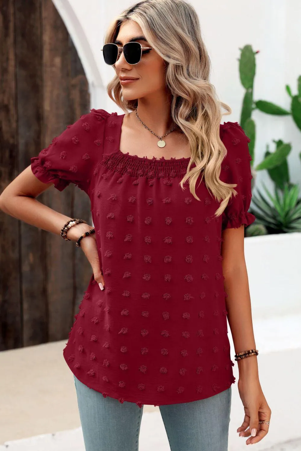 Find Your Wild Swiss Dot Square Neck Blouse
