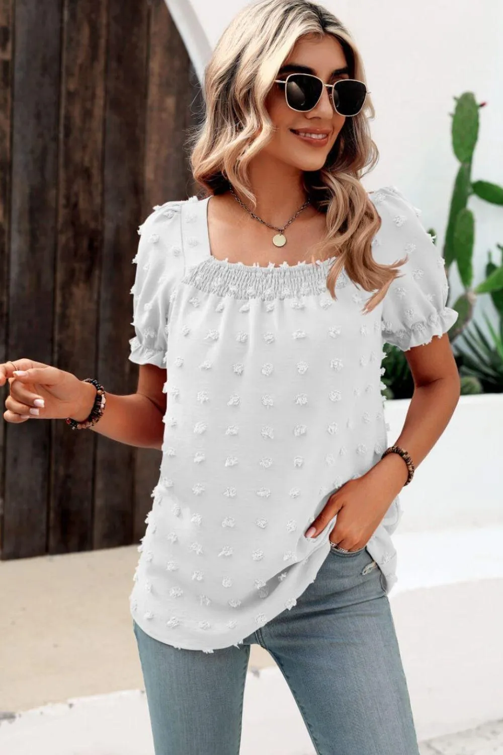 Find Your Wild Swiss Dot Square Neck Blouse