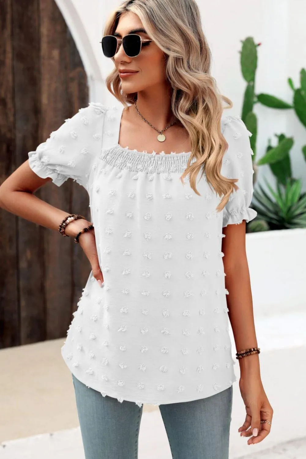 Find Your Wild Swiss Dot Square Neck Blouse