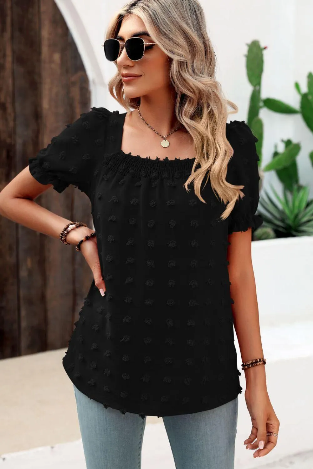 Find Your Wild Swiss Dot Square Neck Blouse
