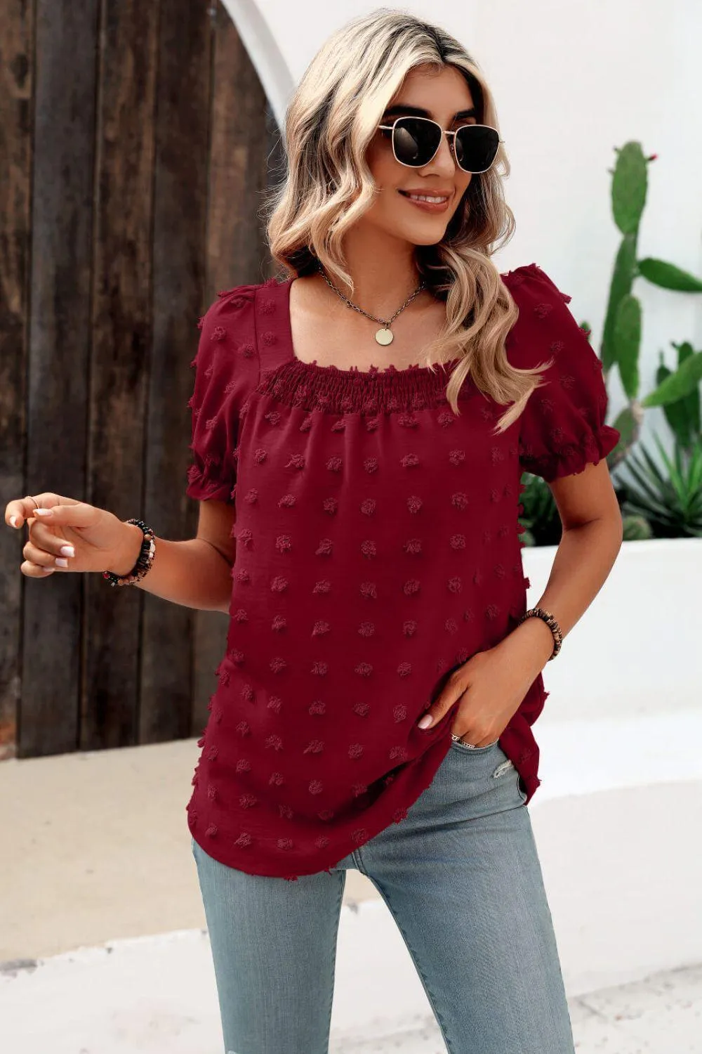 Find Your Wild Swiss Dot Square Neck Blouse