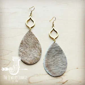**Hair Hide Leather Teardrop Earrings Tan w/ Matte Gold Dangle 219s
