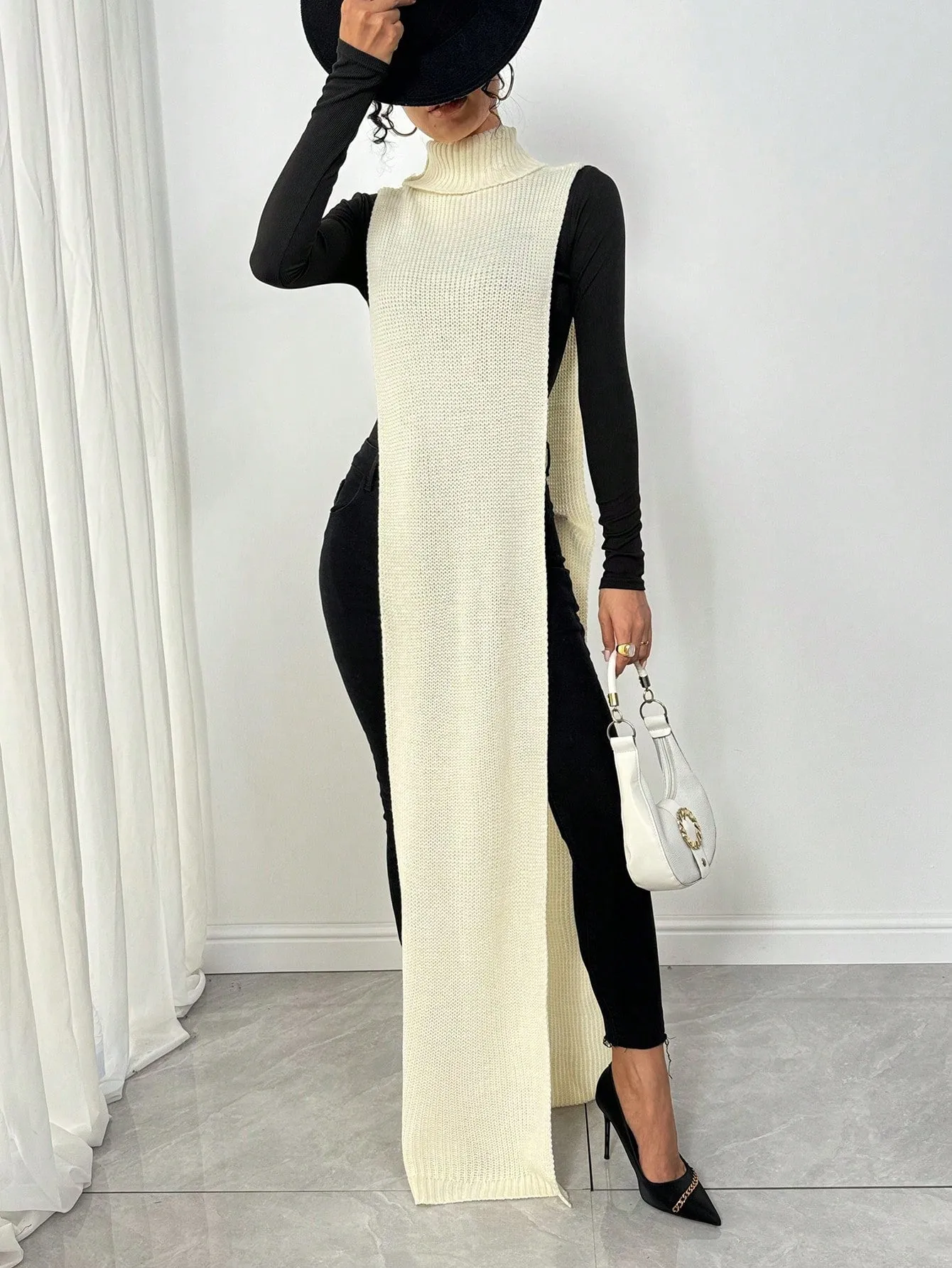 High Neck Fitted Long Sleeveless Sweater Vest