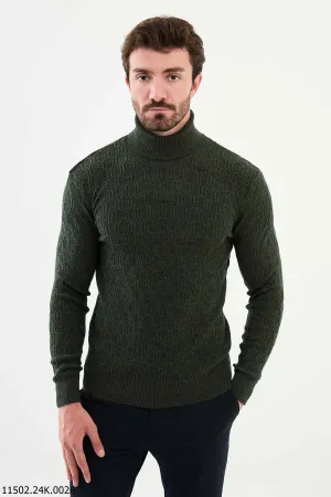 HolloMen Olive Green Textured Knit Turtleneck Sweater.