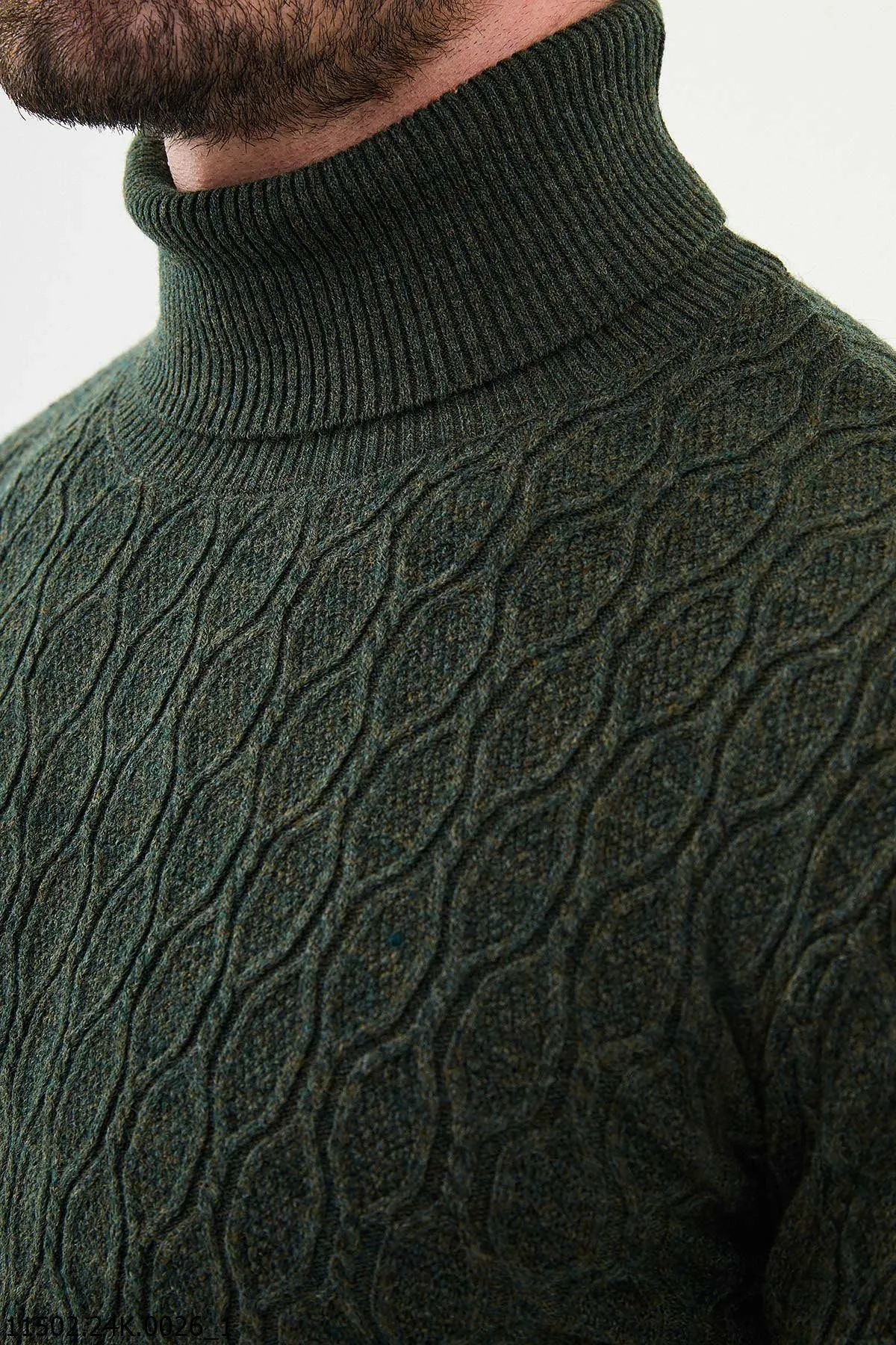 HolloMen Olive Green Textured Knit Turtleneck Sweater.