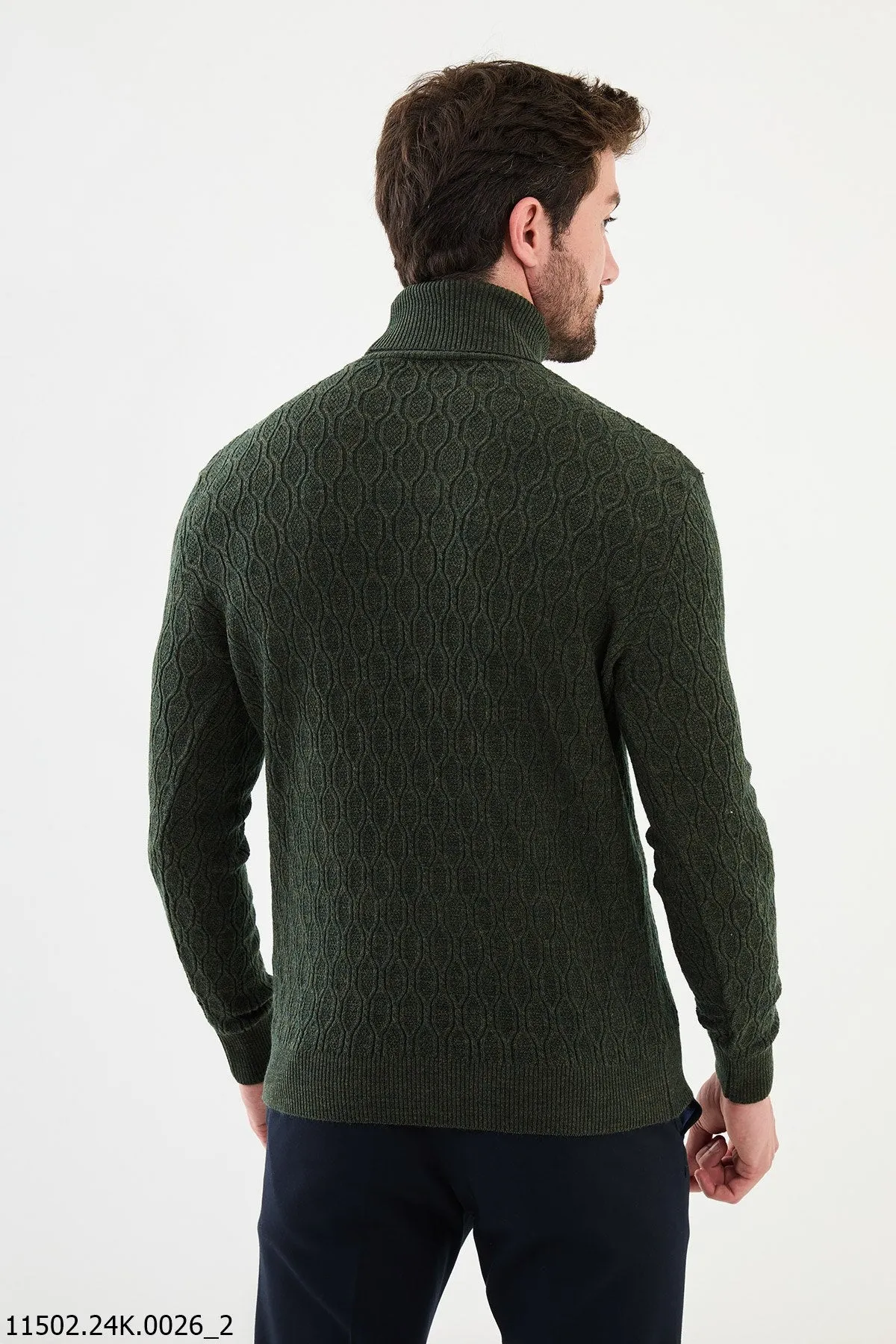 HolloMen Olive Green Textured Knit Turtleneck Sweater.