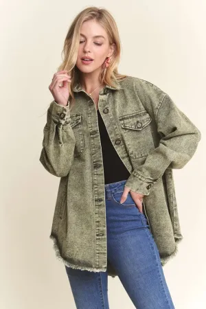 Hot To Trot Green Fray Hem Shacket (Size Medium)