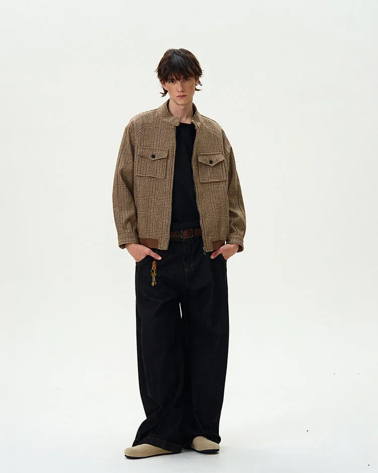Houndstooth Pattern Zip Jacket with Chest Pockets
