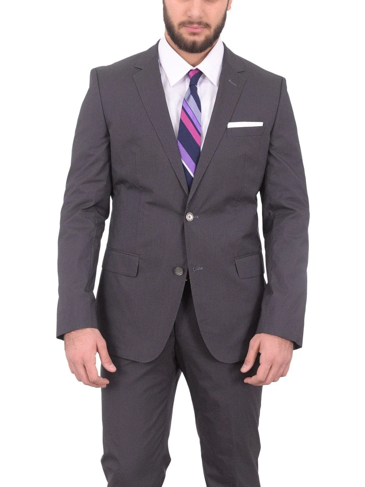 Hugo Boss Hutson1/gander Slim Fit Gray Mini Striped Stretch Cotton Blend Suit