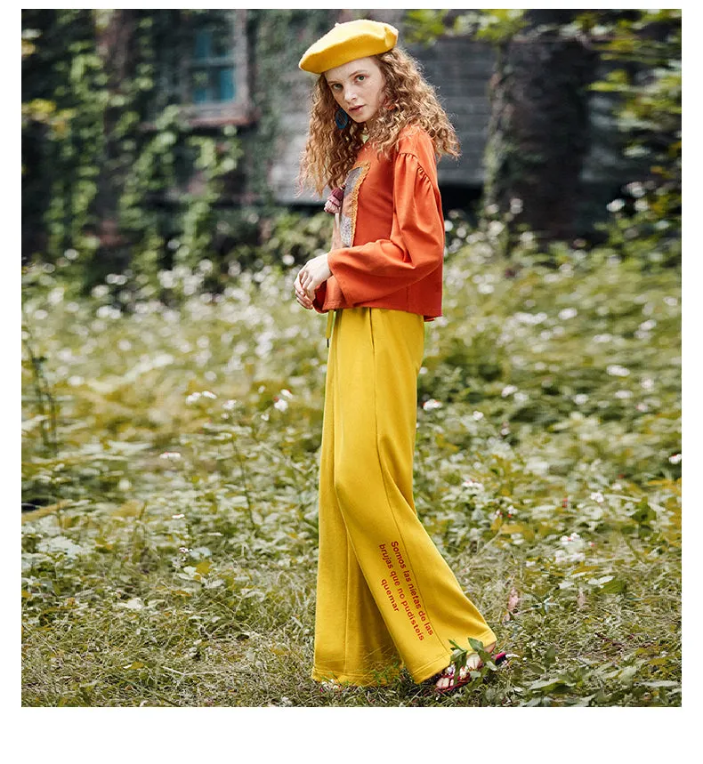 JAM PRINCESS LETTERS PRINT WIDE LEG TRACK PANTS IN YELLOW