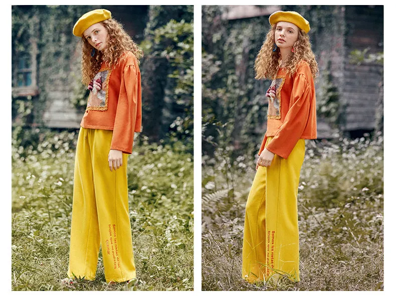 JAM PRINCESS LETTERS PRINT WIDE LEG TRACK PANTS IN YELLOW