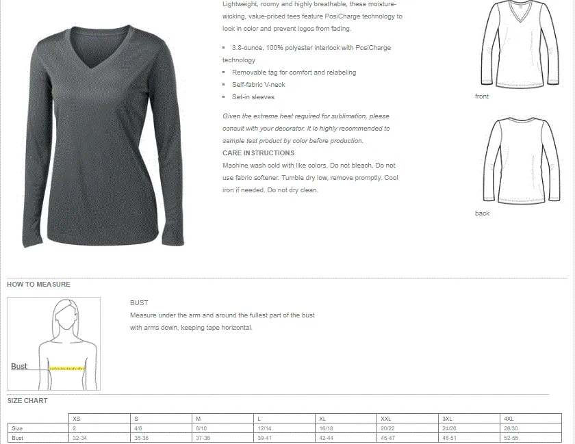 Ladies V-Neck Moisture Wicking Sport-Tek® Long Sleeve Competitor Sizes 2XL-4XL - LST353LS