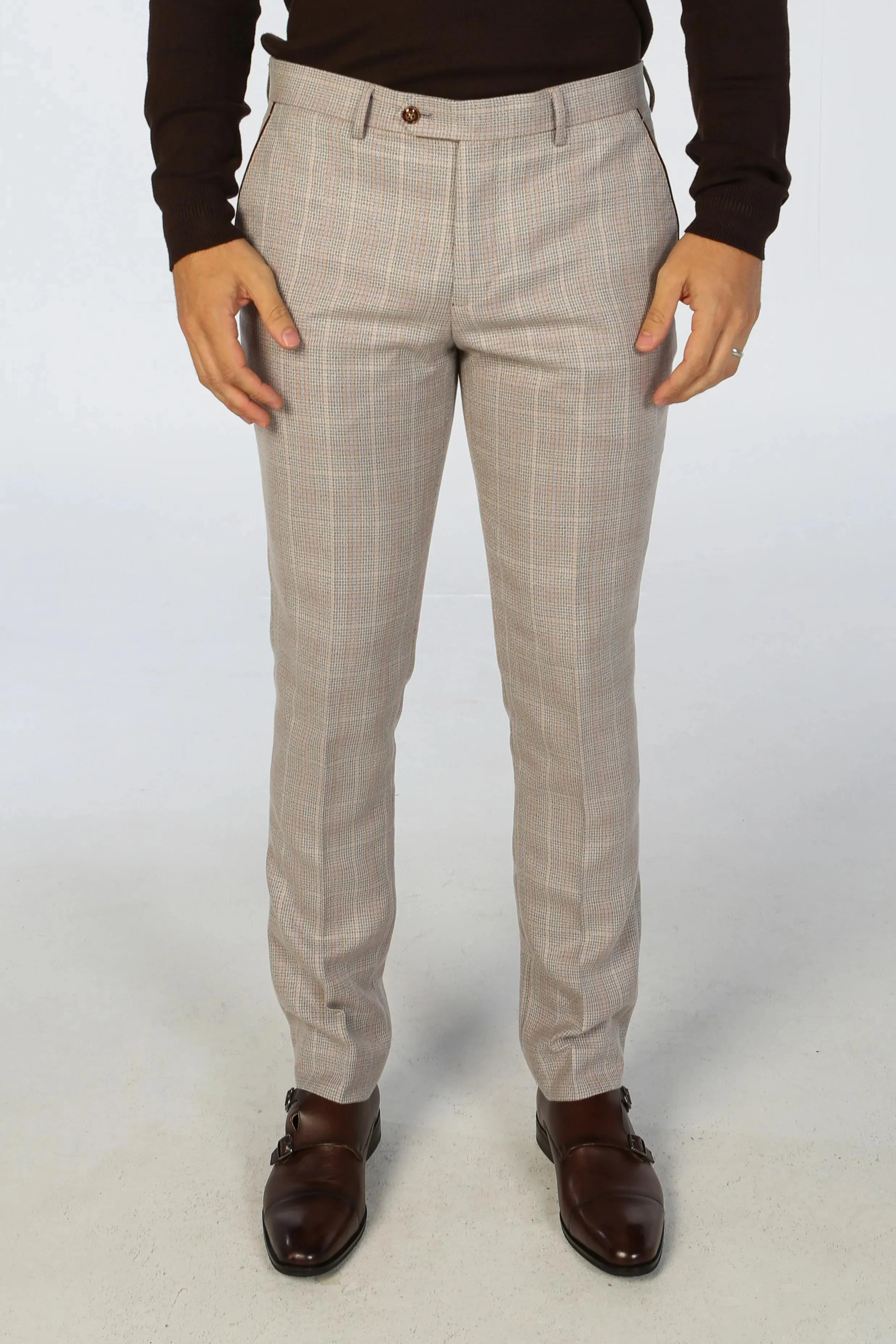 Leo - Men's Beige 3 Piece Checked Tailored Fit Suit