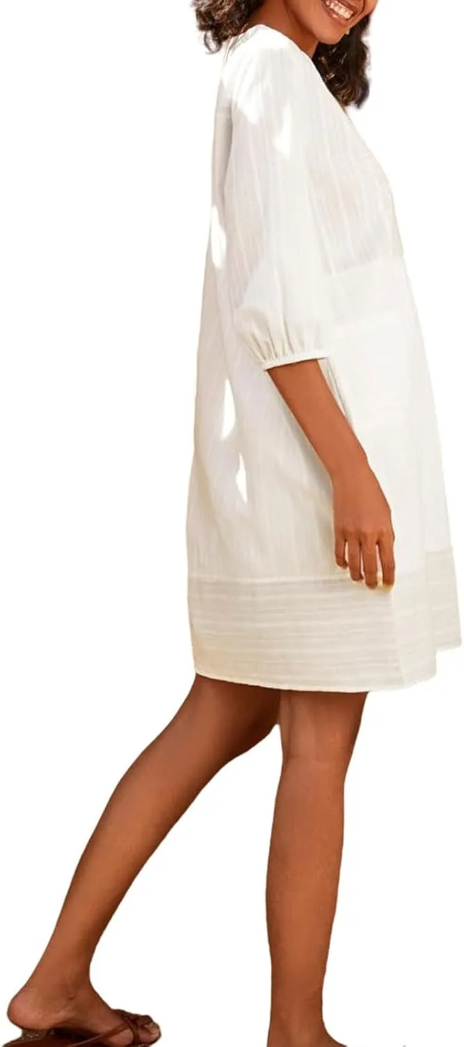Linen Dresses for Women 2025 Summer Vacation Beach Shift Dress V Neck 3/4 Sleeve Midi Dress Casual Tunic Dresses