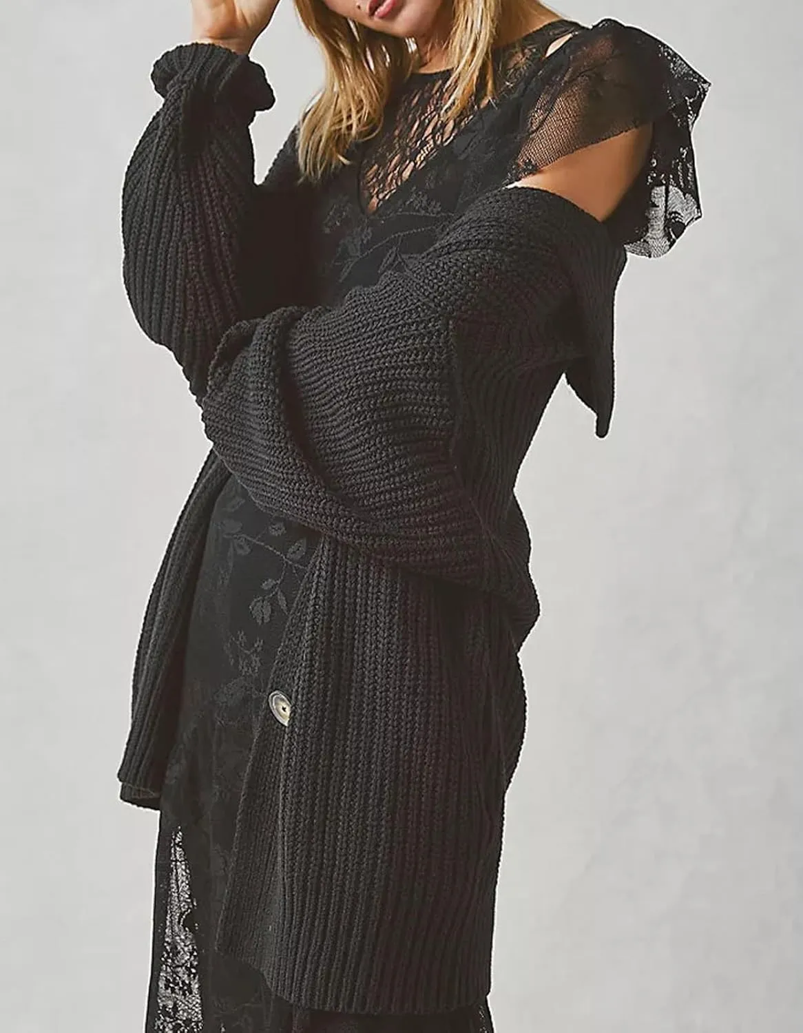 loveimgs Women Oversized Chunky Knit Open Front Cardigan Sweater Button Up Rib Knitted Sweater Jacket Fall Hoodie