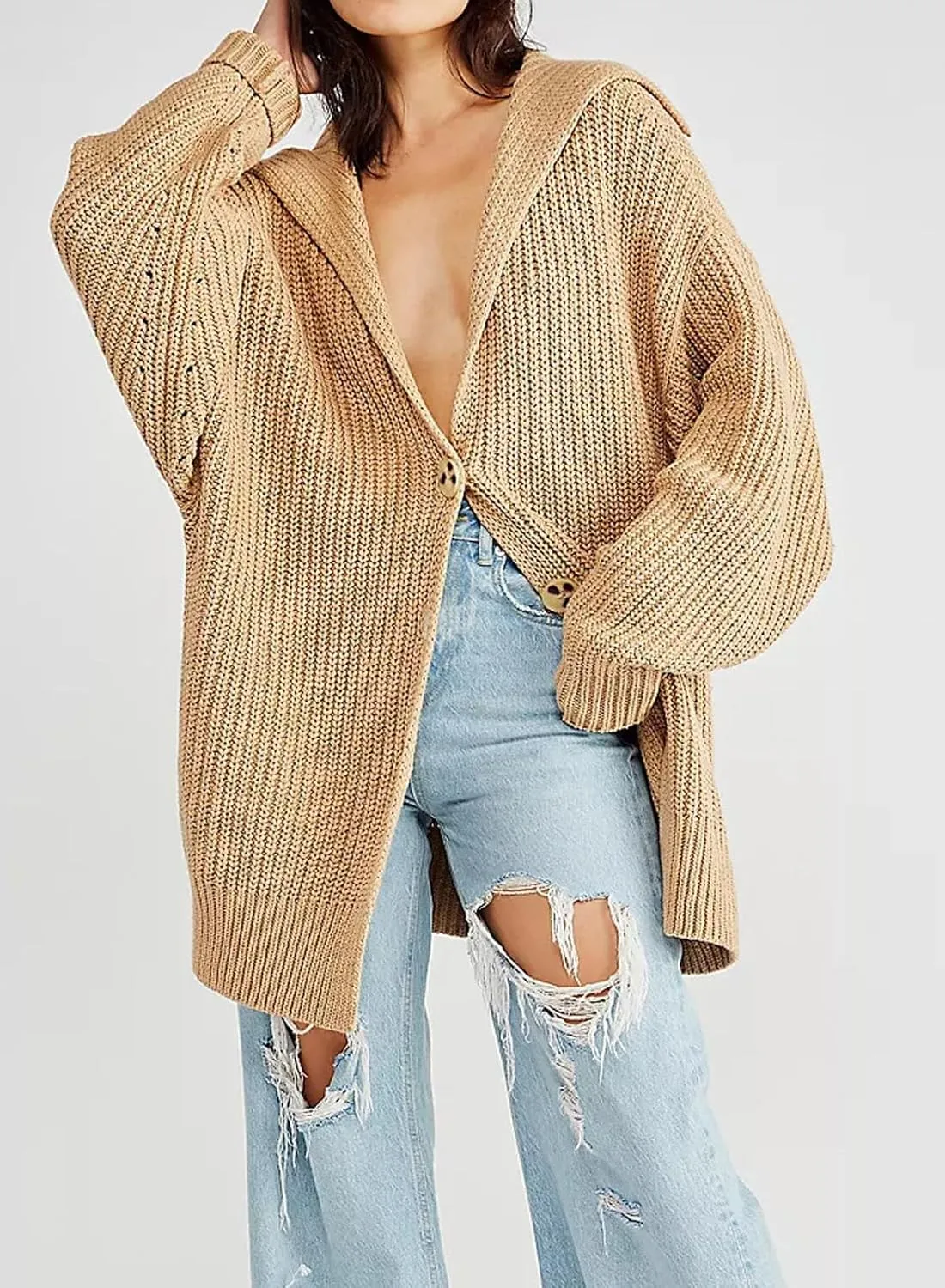 loveimgs Women Oversized Chunky Knit Open Front Cardigan Sweater Button Up Rib Knitted Sweater Jacket Fall Hoodie