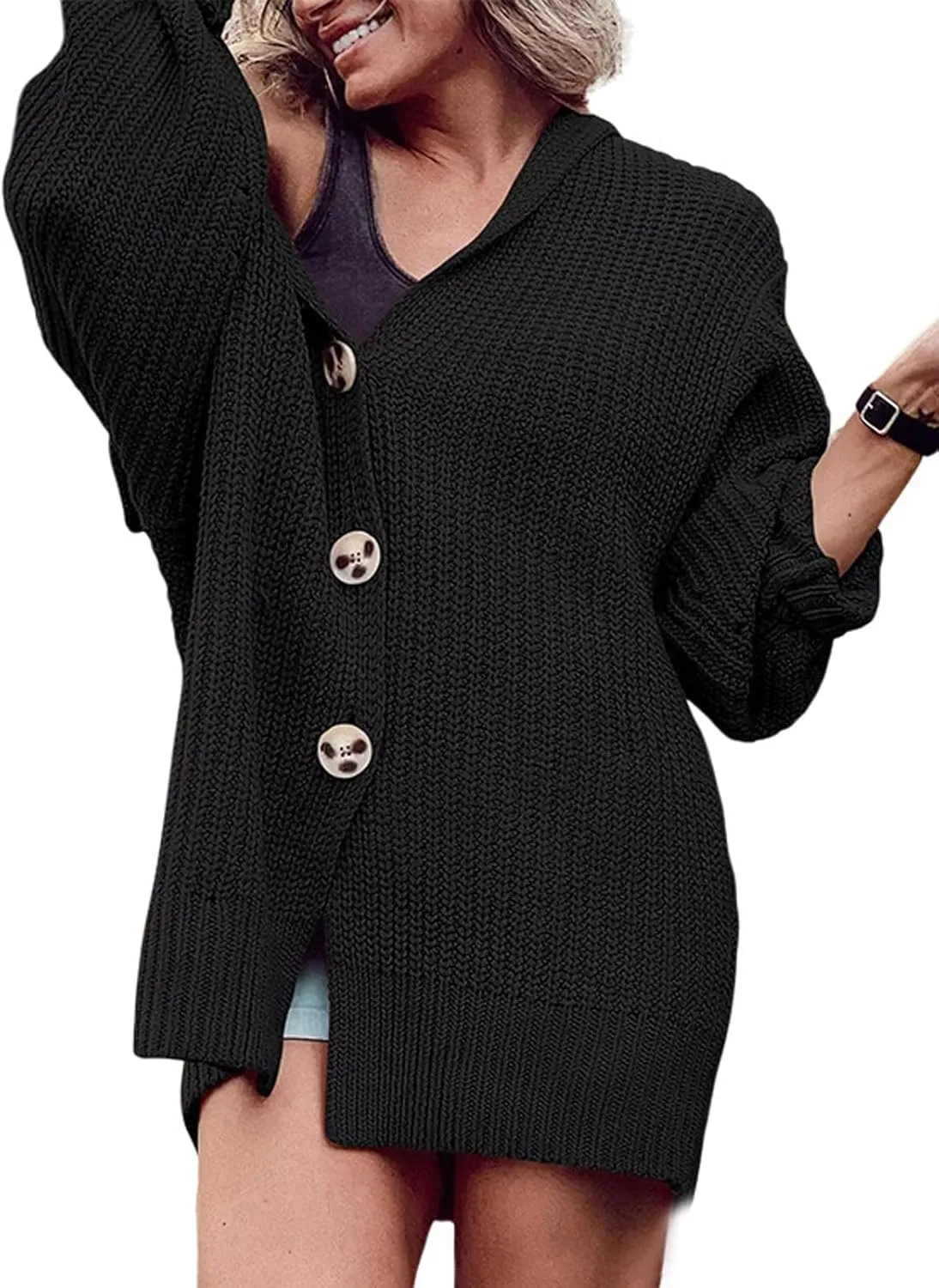 loveimgs Women Oversized Chunky Knit Open Front Cardigan Sweater Button Up Rib Knitted Sweater Jacket Fall Hoodie
