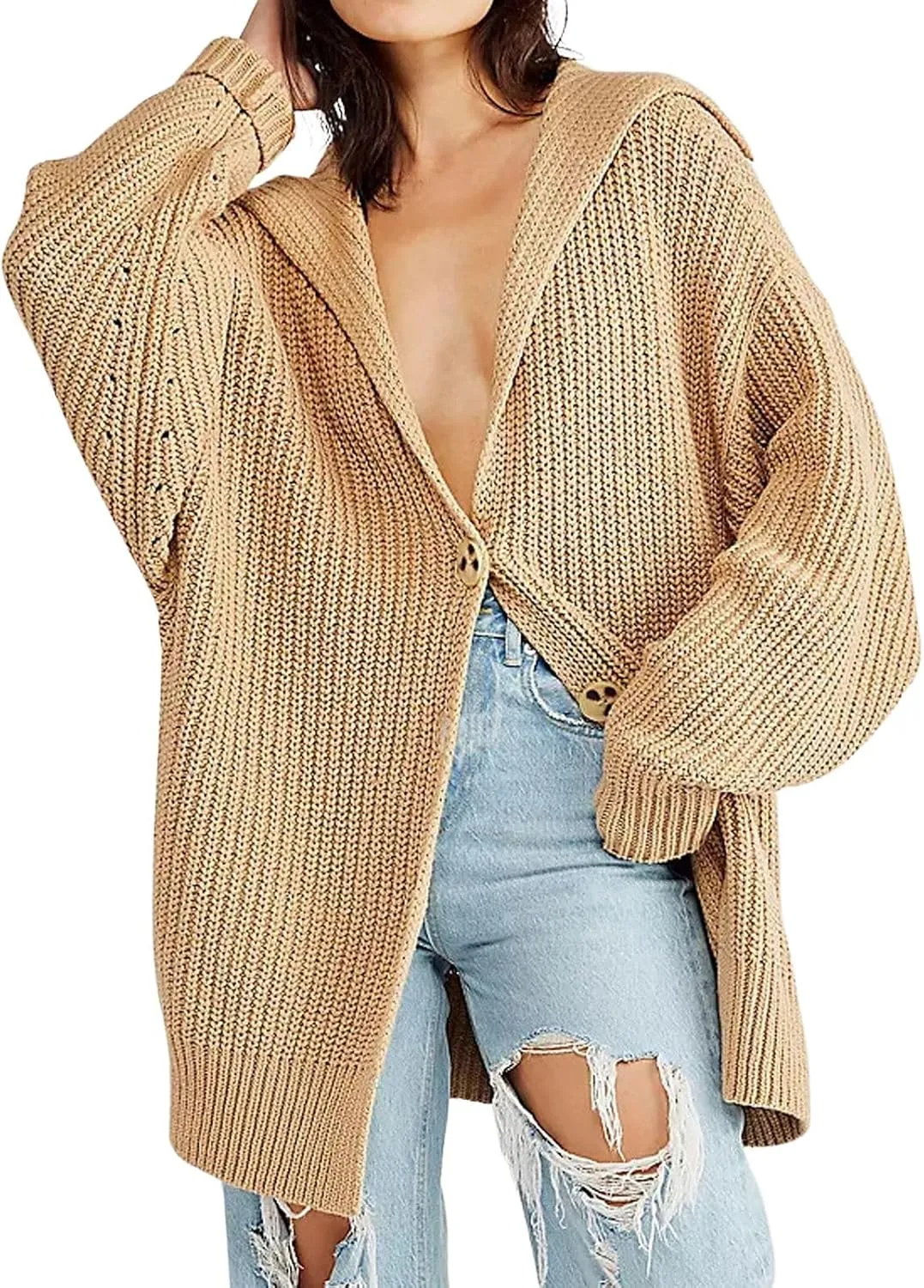 loveimgs Women Oversized Chunky Knit Open Front Cardigan Sweater Button Up Rib Knitted Sweater Jacket Fall Hoodie