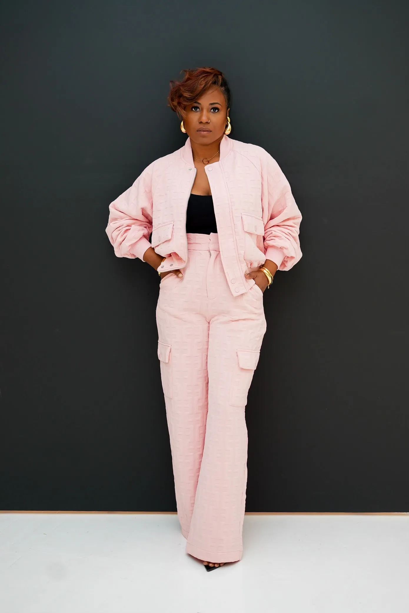 Luxury Embossed pants set (soft pink)