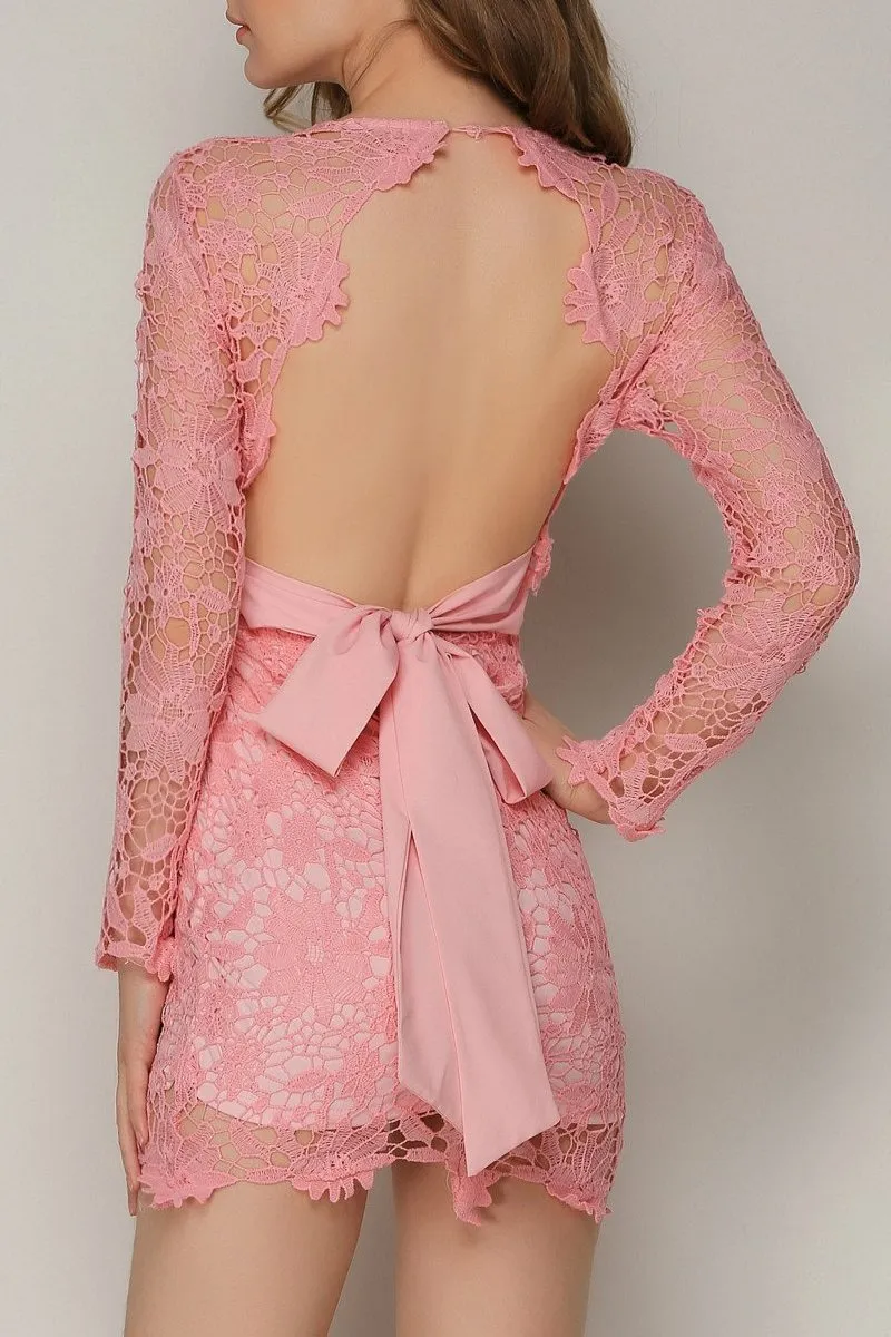 MB FASHION Elegant Lace Mini Dress with Long Sleeves and Wrap Waist 8090 S AND M