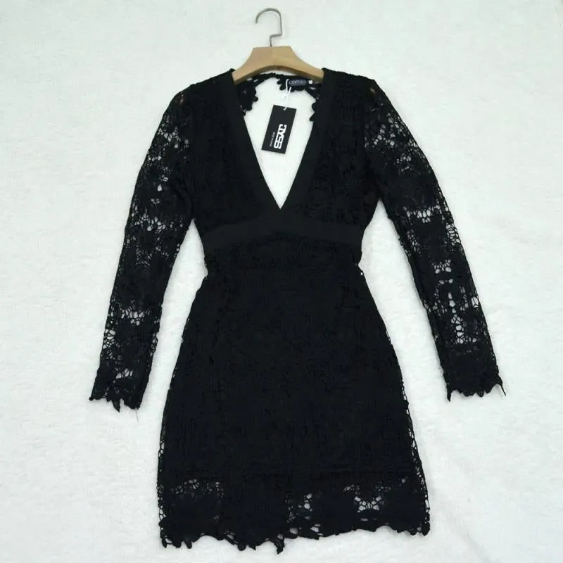 MB FASHION Elegant Lace Mini Dress with Long Sleeves and Wrap Waist 8090 S AND M