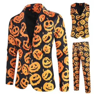 Men's 3-Piece Halloween Spooky Pumpkin Pattern Suit