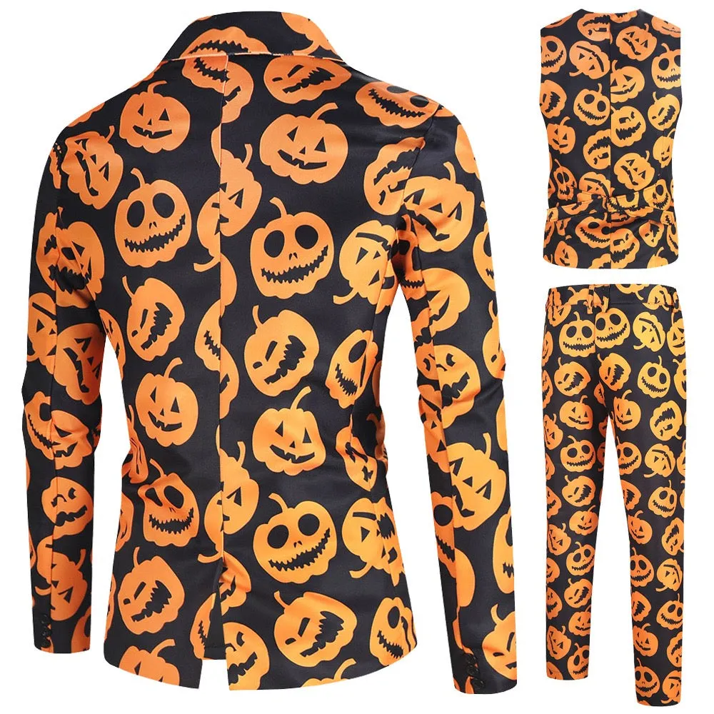 Men's 3-Piece Halloween Spooky Pumpkin Pattern Suit