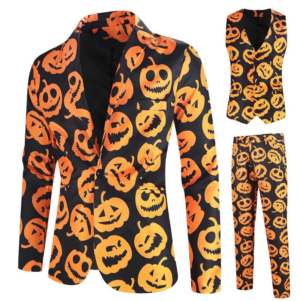 Men's 3-Piece Halloween Spooky Pumpkin Pattern Suit
