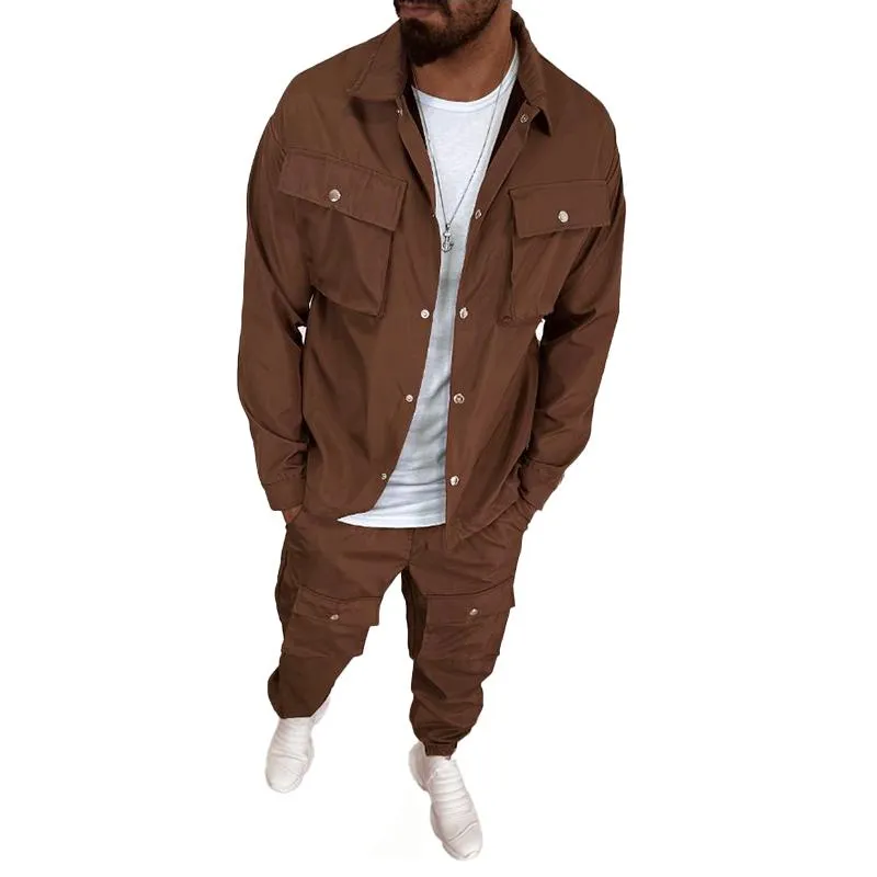 Men's Solid Color  Lapel Single Breasted Jacket Trousers Cargo Set