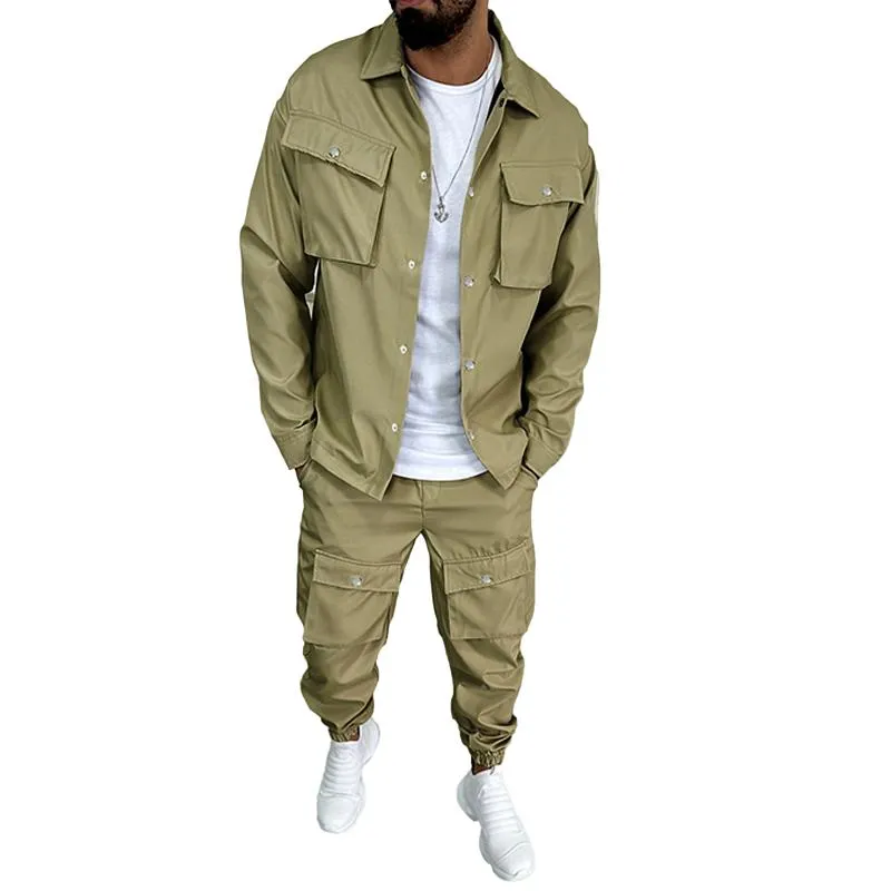 Men's Solid Color  Lapel Single Breasted Jacket Trousers Cargo Set