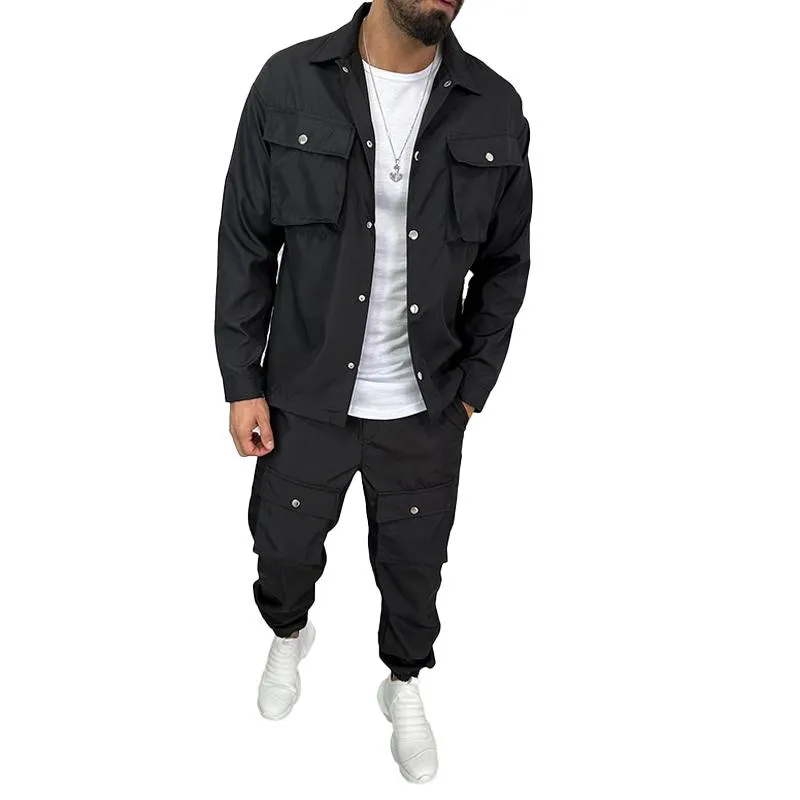 Men's Solid Color  Lapel Single Breasted Jacket Trousers Cargo Set