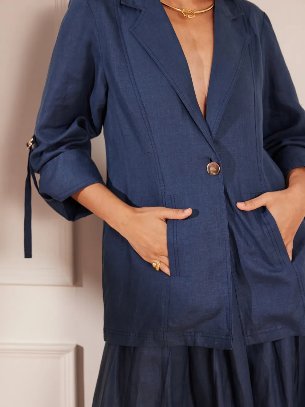Moroccan Blue Hemp Single Button Jacket & Skirt