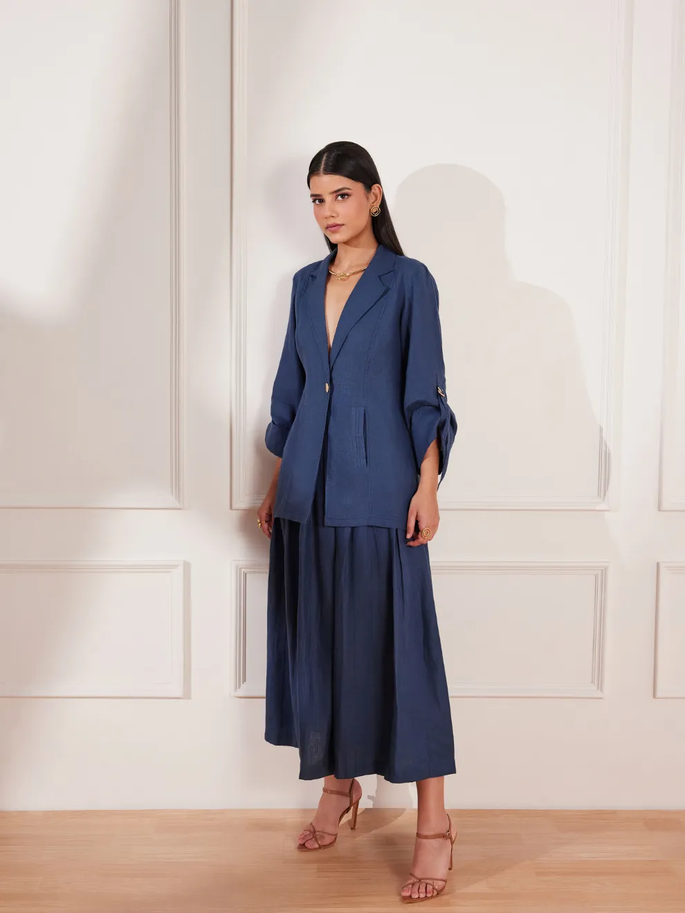 Moroccan Blue Hemp Single Button Jacket & Skirt
