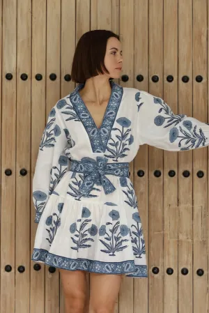 Mykonos Mini Dress in Blue Indigo Flower