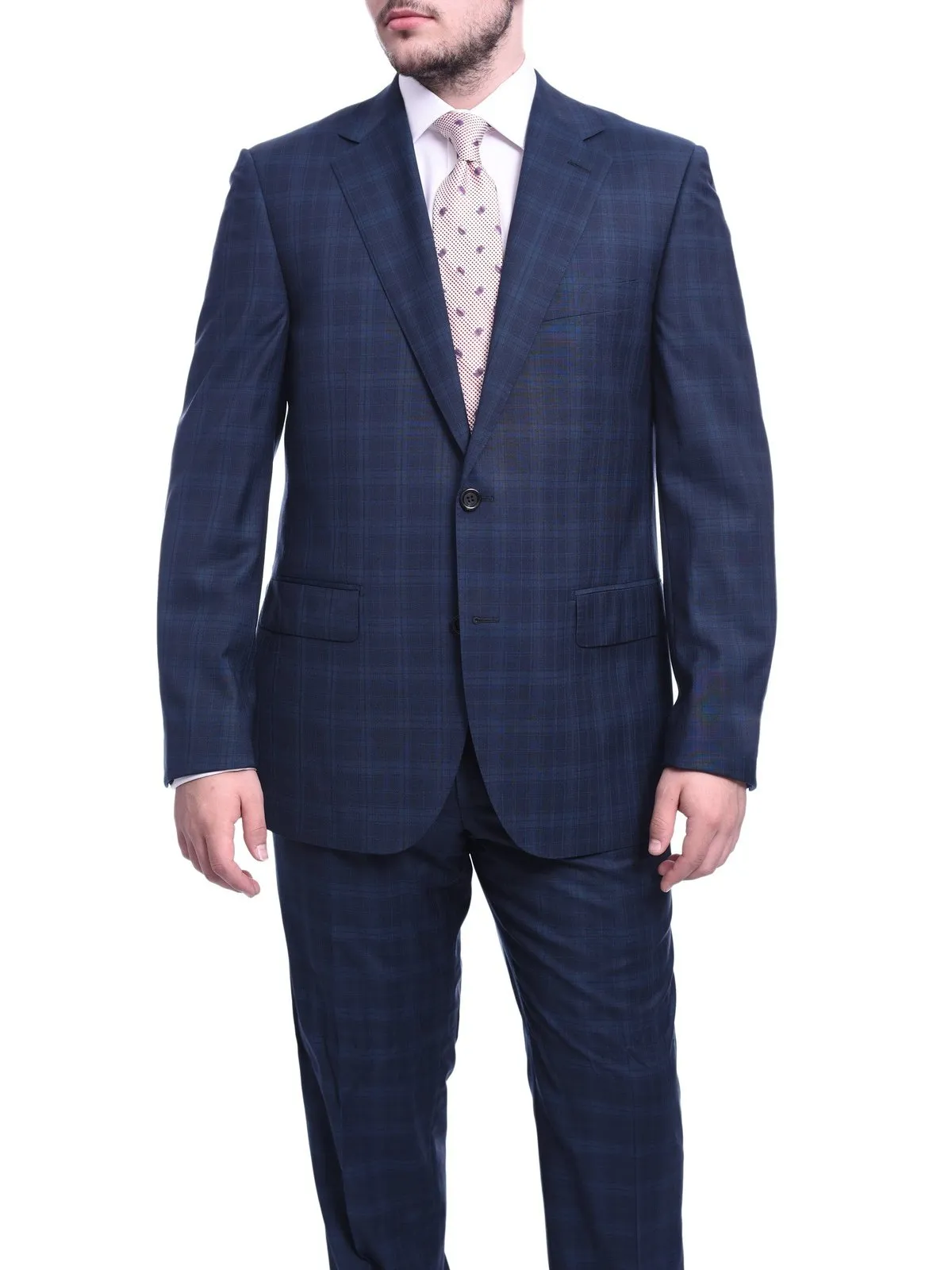 Napoli Classic Fit Navy Blue Plaid Half Canvassed Super 120s Guabello Wool Suit