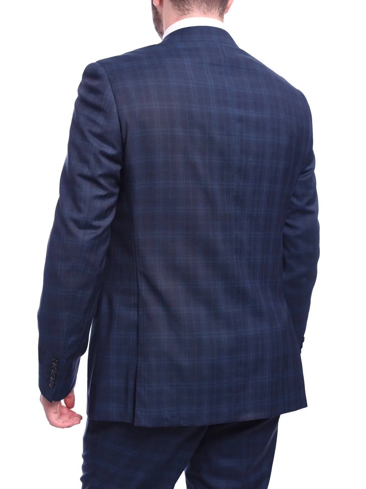 Napoli Classic Fit Navy Blue Plaid Half Canvassed Super 120s Guabello Wool Suit