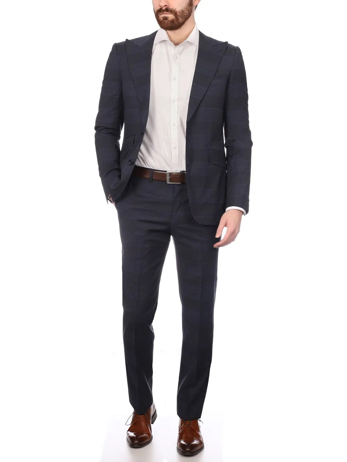 Napoli Mens Blue Plaid Half Canvassed Wool Slim Fit Suit With Peak Lapels